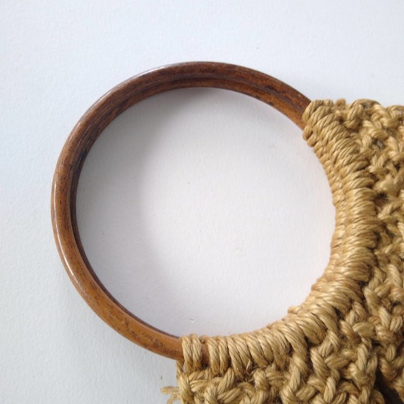 Vintage Macrame Tote Bag with Blue Wood Beads & Wood Handles - Picture 5 of 9